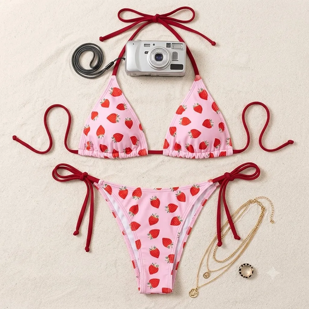 JEWELRY SEN Women Cute Strawberry Print Halter Triangle Bikini Set 2 Piece Side Tie Summer Beach Bathing Suit Swimwear