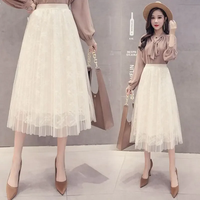 

Lace Tulle Skirt Midi A- line Pleated High Waisted A- line Dress Woman Skirts Mujer Faldas Saias Mulher