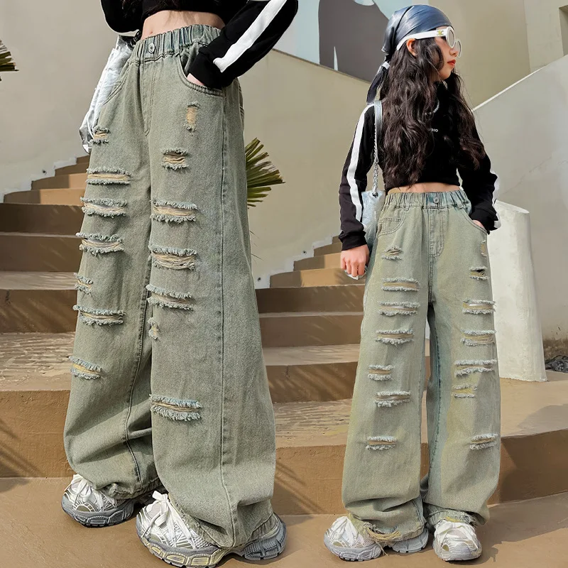 Spring Fall Teenager Girls Vintage Ripped Wide-leg Jeans Design Style Roupa Infantil Menina 12 14 Anos Hole Pants Pantalon Fille