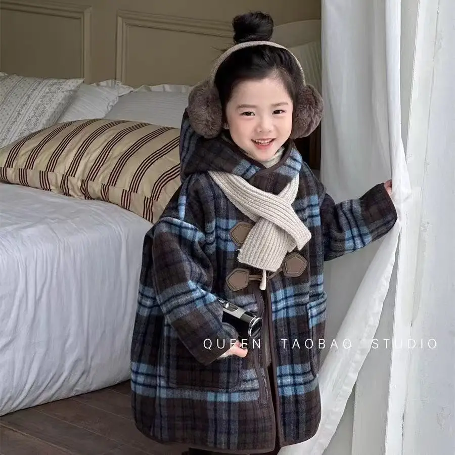 

2025 Winter Girls Coat Korean Style Plaid Hooded Padded Parka Thick Warm Jacket for Girls Boys Childrens Outerwear Kids Clothes