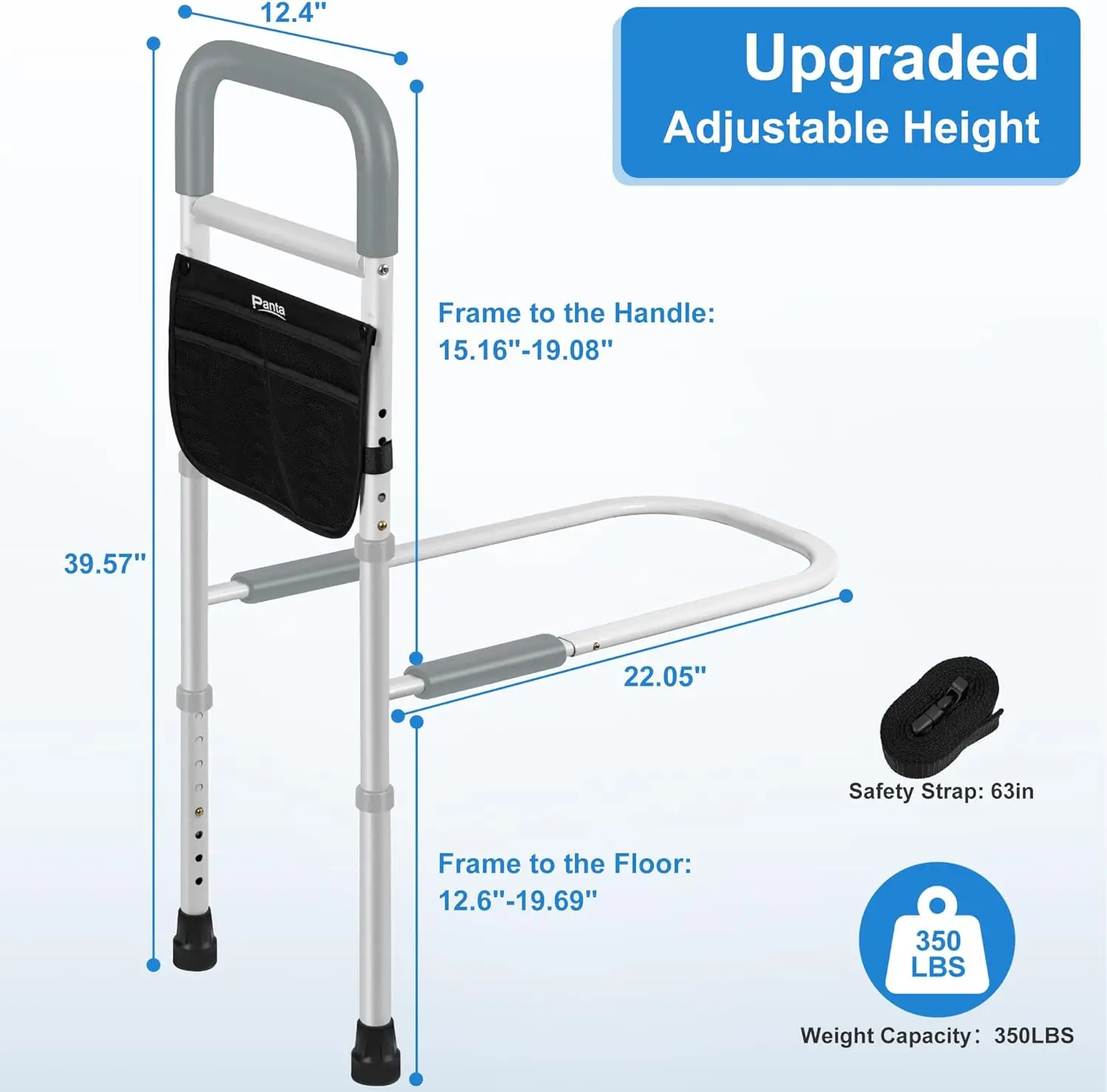 Adjustable Bed Assist Rails for Seniors, Bed Side Rails with Support Legs and Storage Pocket, Portable Bed Cane