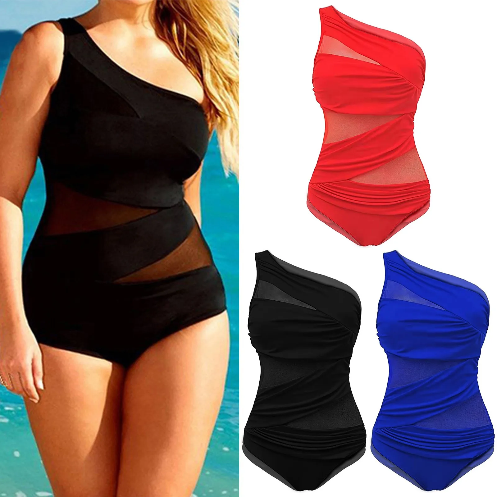 Plus Size Swimsuits Women Sexy One Shoulder Slim Swimwear For Women Mesh Solid Black Red Blue Push Up Padded Bathing Suits