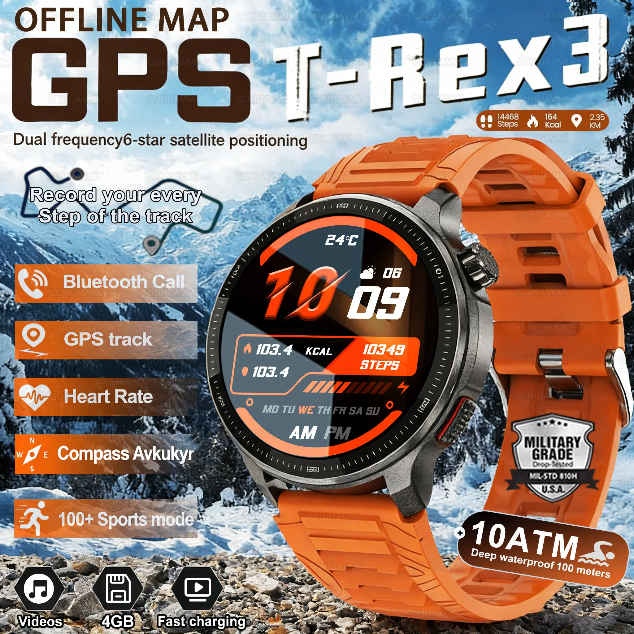 T-Rex3 Military Outdoor Built-in GPS Sports Smart Watch 4GB Memory Offline Map APP Download Compass 10ATM HD Call Smartwatch Men