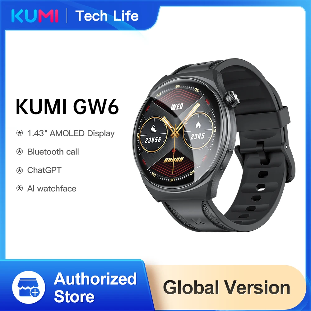 

KUMI GW6 1.43" AMOLED screen Bluetooth call Waterproof IP68 NFC 100+ Sport Heart Rate Blood Pressure Oxygen Monitor smart watch