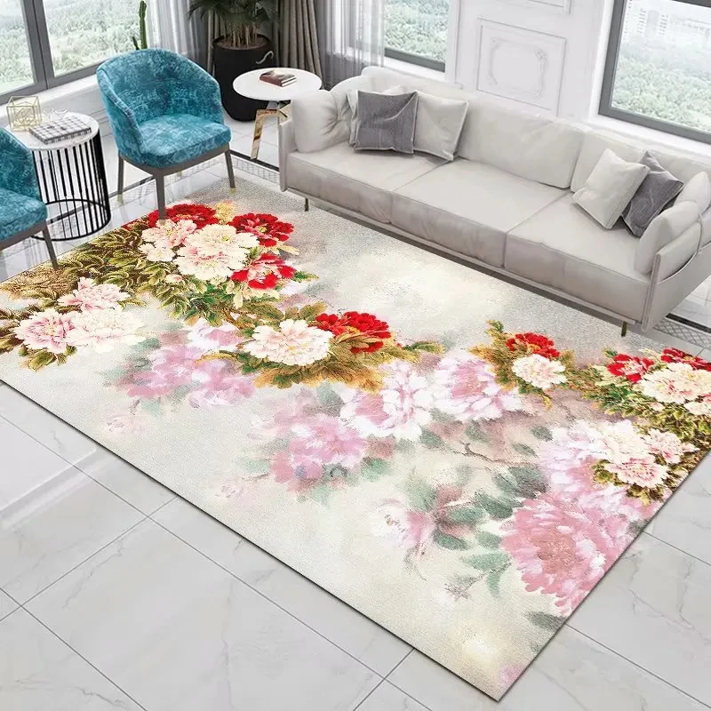 Peony Flowers Carpet Spring Floral Rugs for Bedroom Living Room Decor Rug Kitchen Bathroom Anti-slip Door Entrance Area Mats