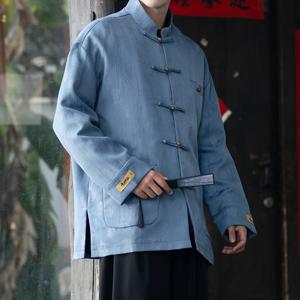 

Джинсовое мужское джинсовое пальто свободного покроя в стиле ретро с воротником-стойкой и воротником-стойкой на пуговицах Hanfu Sle Long Sve, теплая верхняя одежда