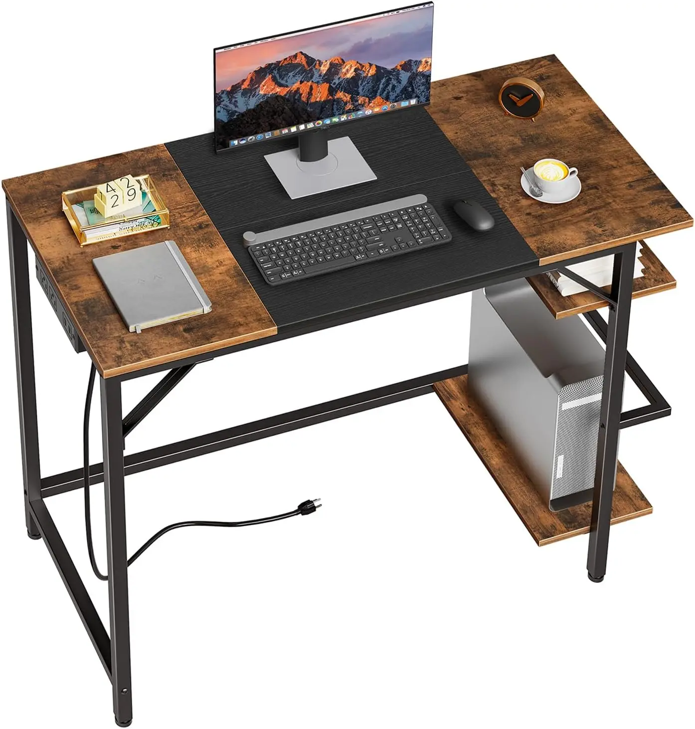 

Computer Desk with Power Outlet, 2-Shelf Home Office Desk, Modern Small Writing Desk, Rustic Brown & Black, Easy Assembly BF43UD