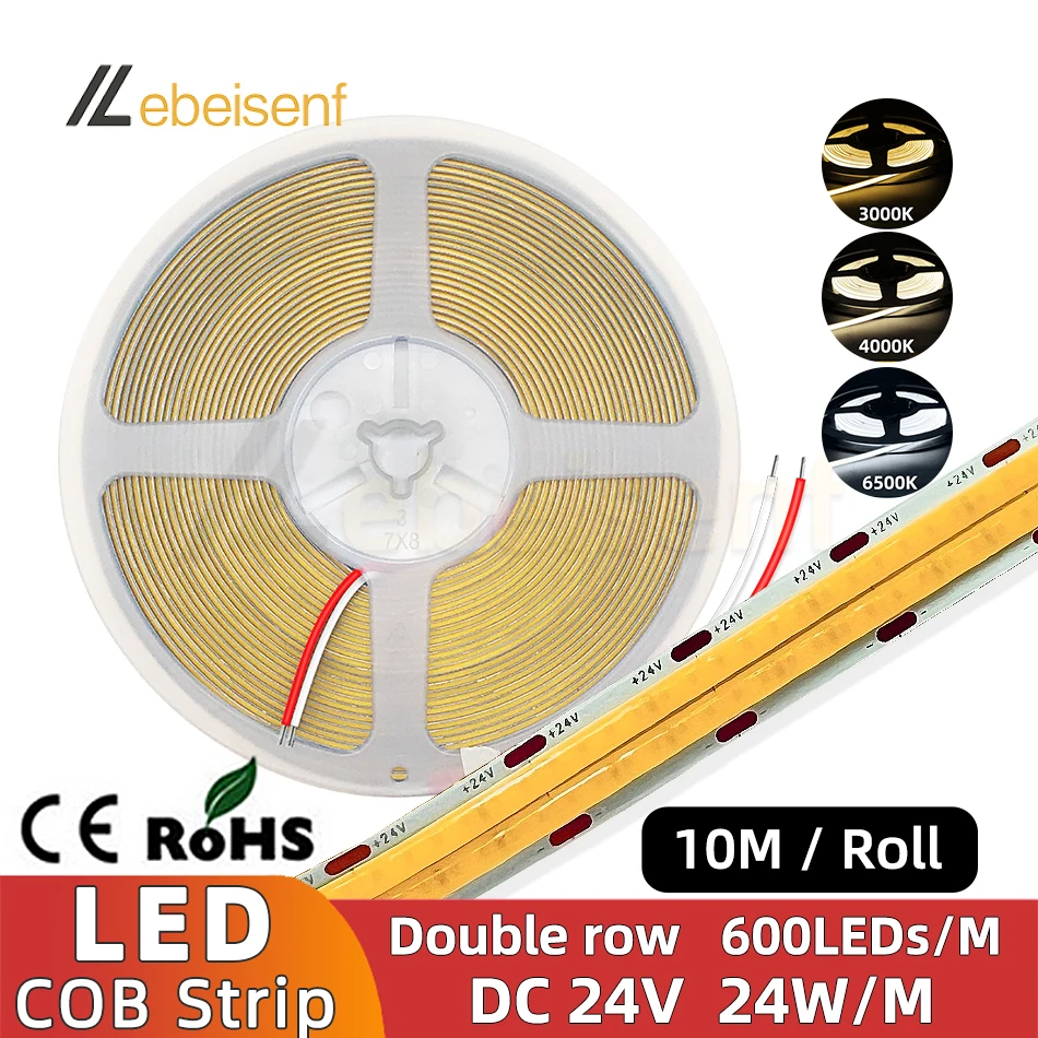 

Dual Row COB LED Strip Light 24V DC Low Voltage High Density 600LEDs/M Natural Cold Warm White Flexible Tape Bar Lamp Ribbon 10m