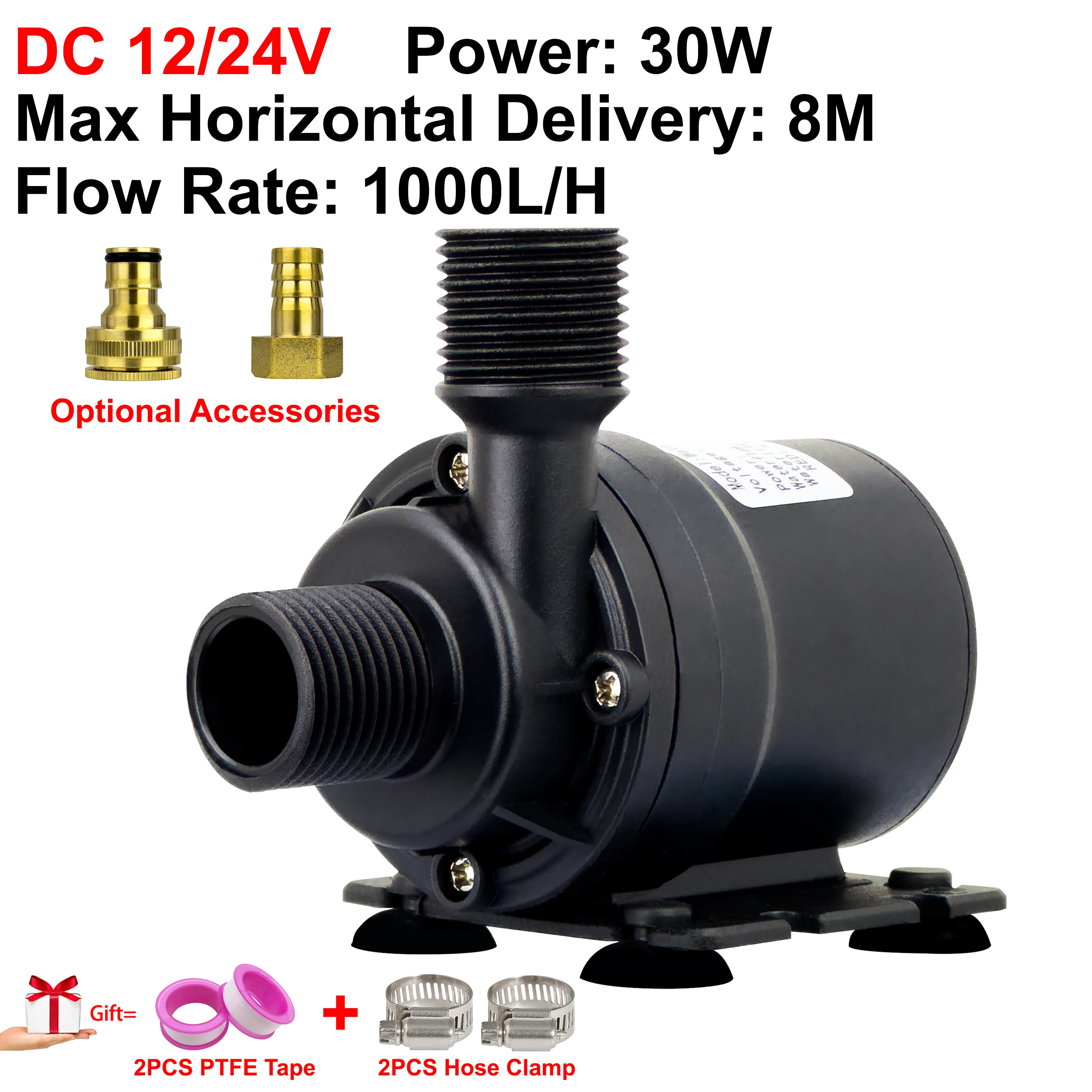 Brushless Motor Submersible Pump, DC 12/24V, Shower Booster Pump, Filtration Pump, 1000L/H, 8M Head, G1/2'' External Thread