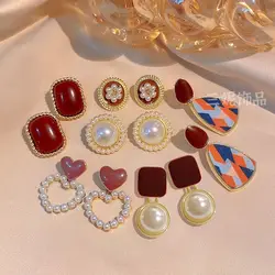 French Retro Wine Red Ear Clip Without Ear Hole, Socialite Pearl Earrings, 2024 Trendy Women's Ear Clip