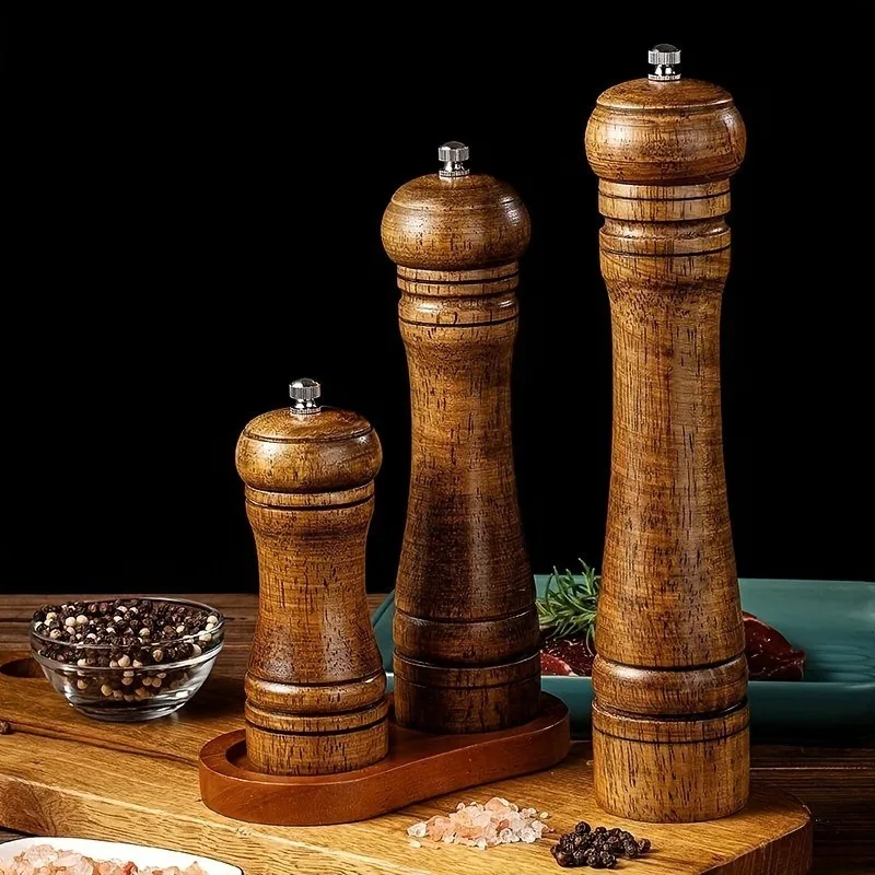 Vintage solid wood pepper grinder, manual sea salt and black pepper grinding jar, household western food seasoning grinder, adjustable coarseness peppercorn grinding rod