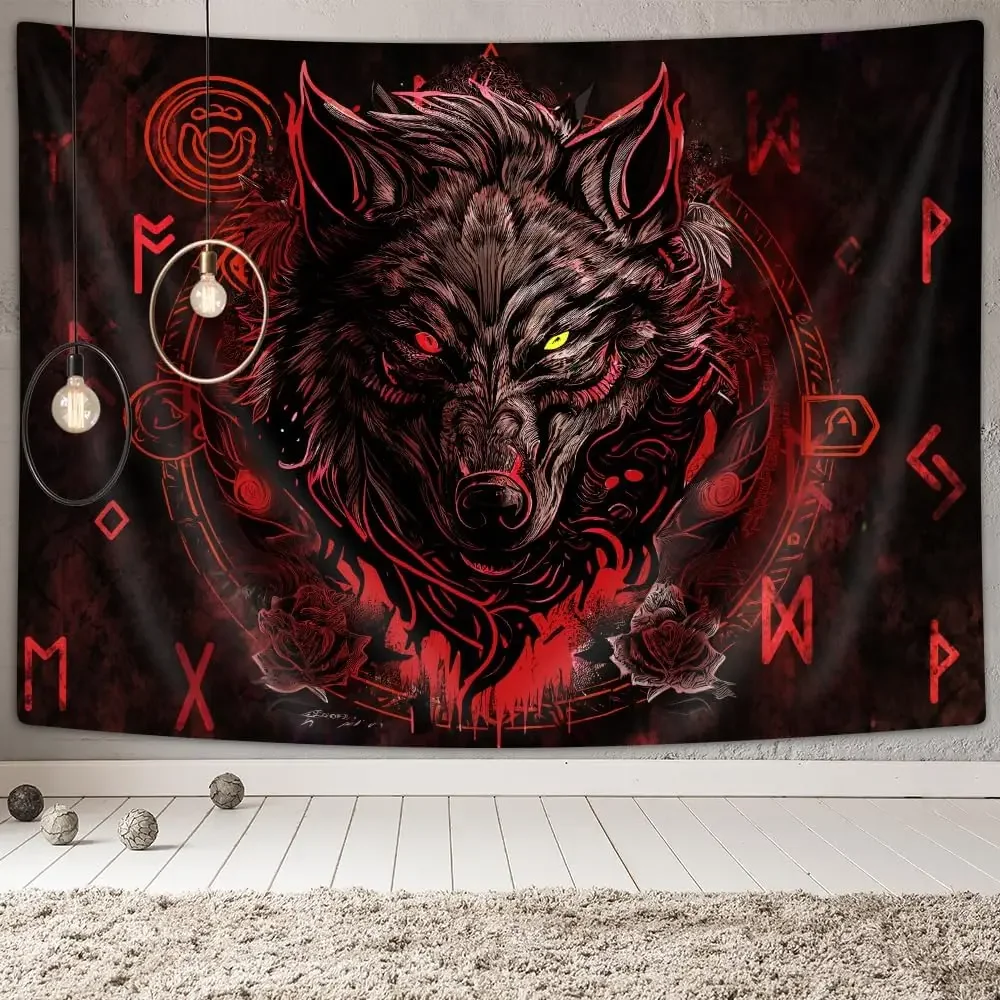 Viking Wolf Tapestry, Norse Mythology Runes Ancient Red Tapestries, Meditation Medieval Mystery Animals Ancient Art Tapestry for