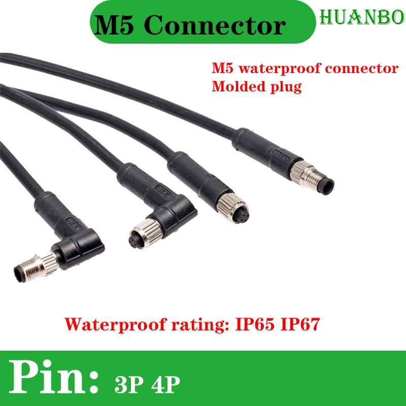 

1 Meters M5 Straight Right Angled 3 4 Pins Unshielded 26AWG PVC PUR Moulded Leads Female Cable Connector