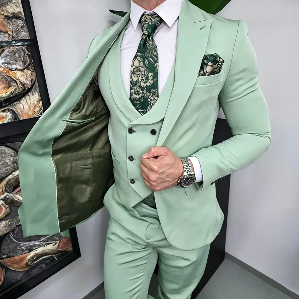 

Mint Green Peak Lapel Slim Fit Men's Suit Business Casual 3 Pieces Jacket Vest Pants Fashion Blazer Set Wedding Groom Tuxedos