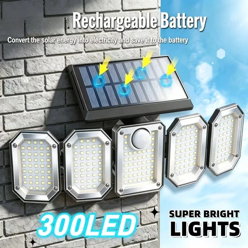 5 Head Solar Wall Light Outdoor, Wide Angle LED Security Flood Lamp, Waterproof Solar Powered Light for Garden Garage Yard Patio