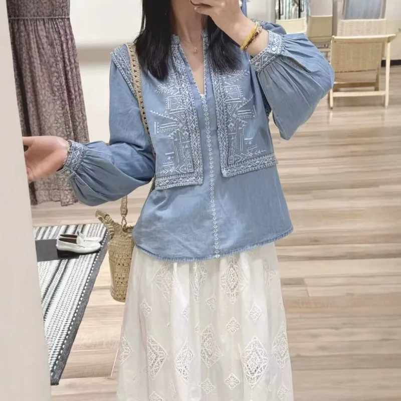 Women Boho Denim Blouse Geometric Embroidery V‑Neck Puff Long Sleeve Loose Vintage Ethnic Casual Shirt Tops