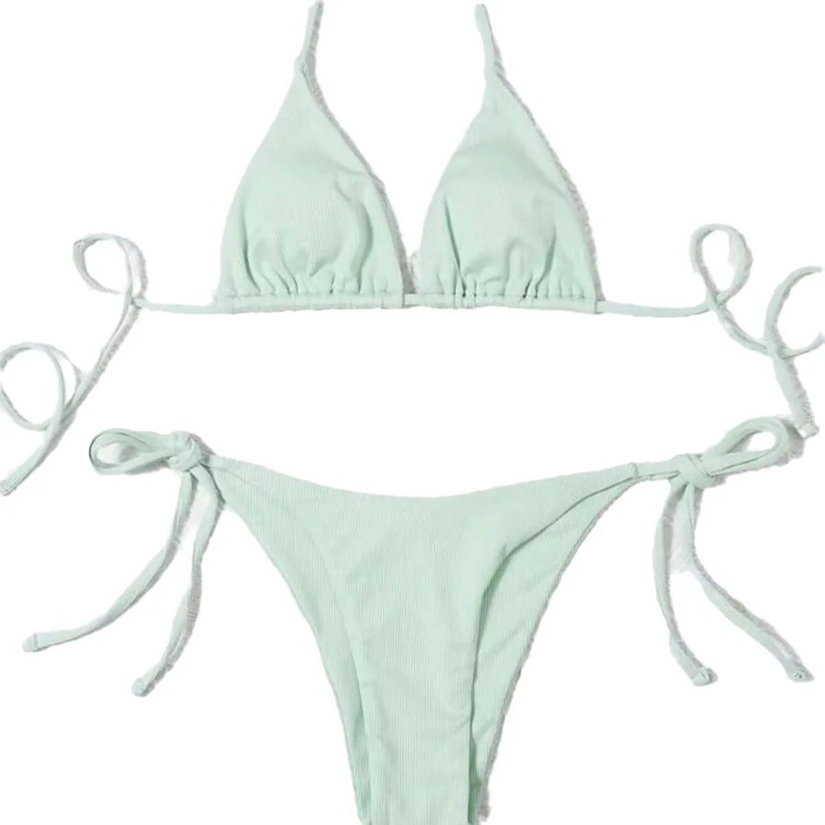 Maillot de bain deux pièces pour femmes, couleur unie, sexy, col licou, trois points, dos nu, réglable, à lacets, ensemble bikini, vêtements de plage dans, nouvelle collection 2024