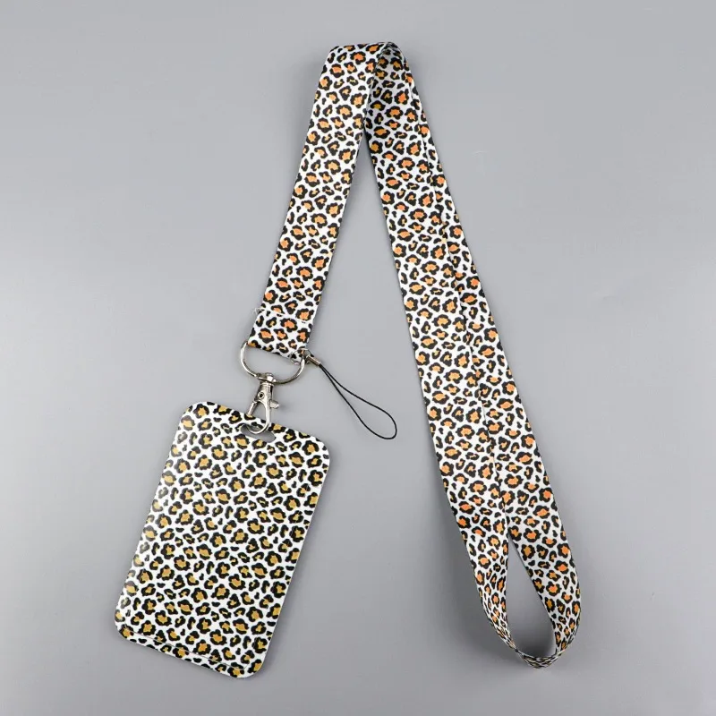 Leopard Print Love Strawberry Mobile Phone Lanyard Card Cover Bus Card Student Card Work Certificate Hard Shell