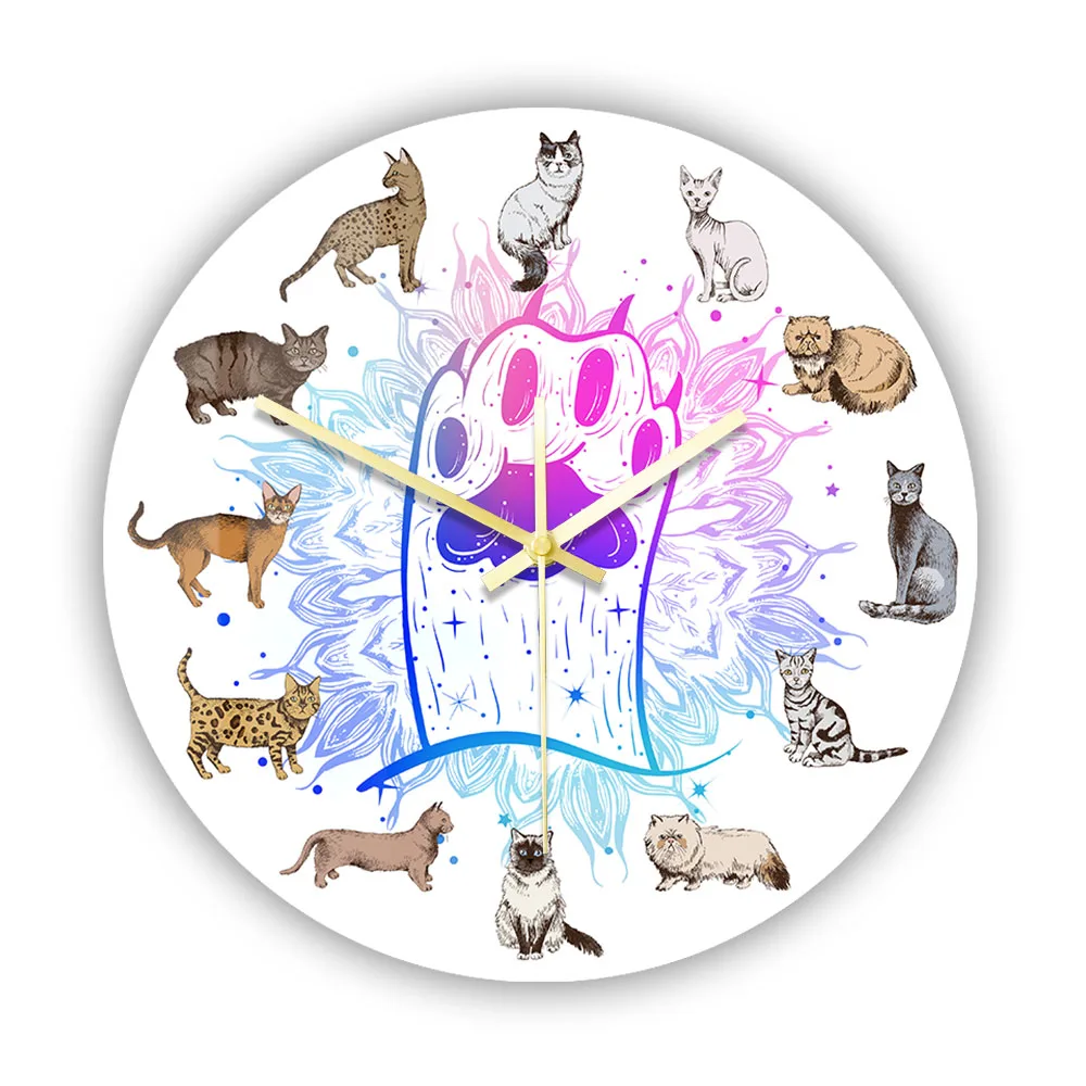Hand Drawn Cat Breeds Printed Wall Clock Kitty Paws Aniamls Home Decor Watch For Girls Room Kitten Wall Sign Clock For Pet Shop