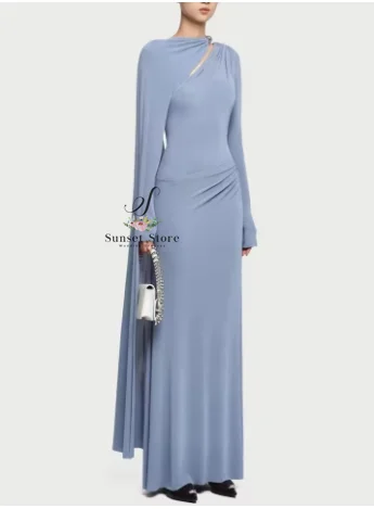 Customized   Women's Designer Dress Asymmetric Ribbon Metal Buckle Spliced Solid High Waist Floor Length Dresses 2025