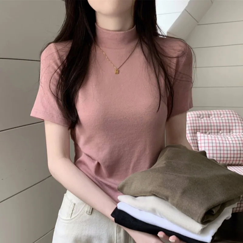 

Модная женская футболка с коротким рукавом, приталенного кроя, летняя новинка, элегантный топ с воротником-стойкой в стиле Pure Desire Hot Girl