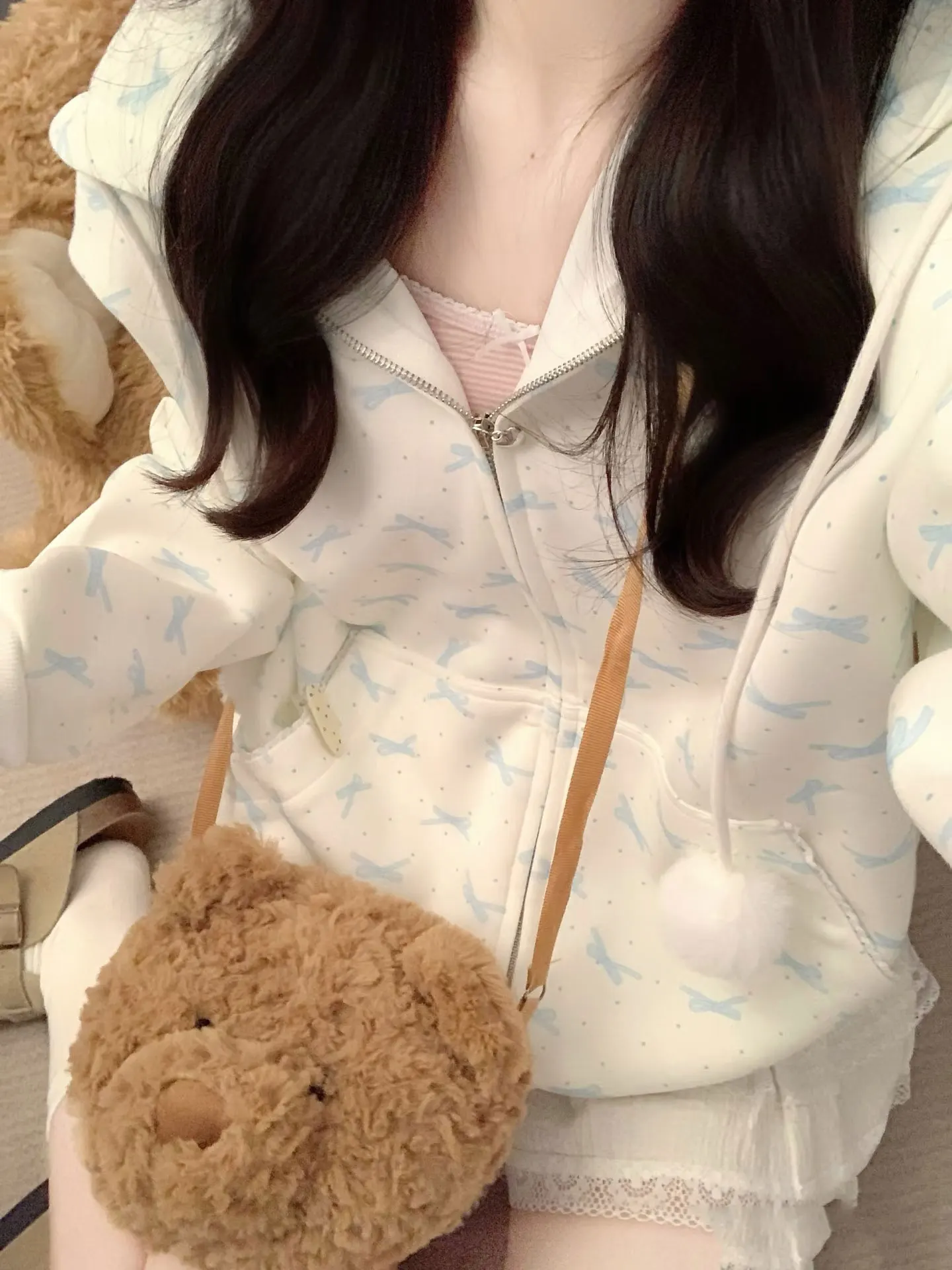 

Худи с кружевными вставками и карманами, светлые топы, осенняя толстовка в стиле Харадзюку с мультяшным принтом, повседневная свободная толстовка для девушек в эстетике Wind Aesthetic