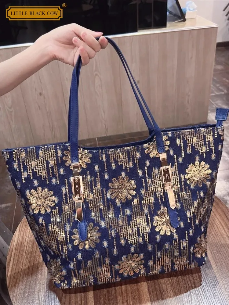 Women Casual Totes Fashion Denim Single Shoulder Bag Zipper Shiny Sequined Large Capacity Handbag Office Ladies Designer Bags