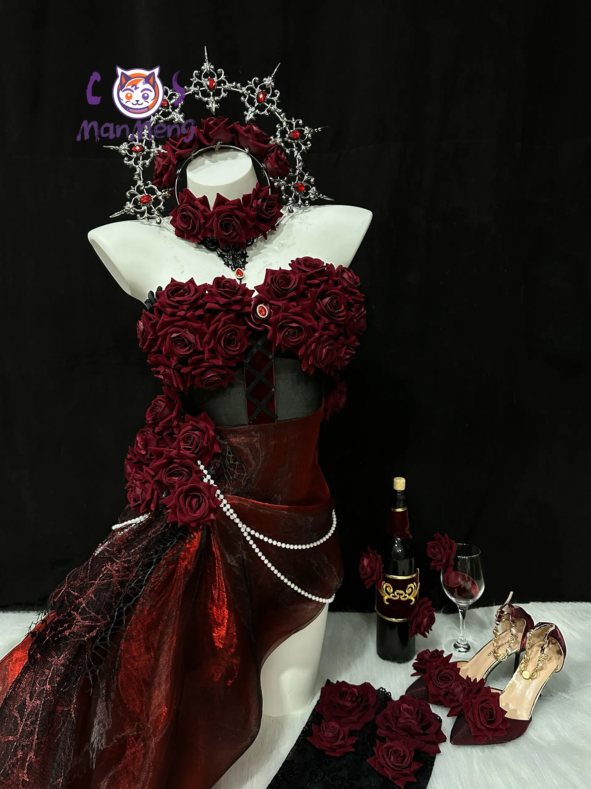 

Mary Bloody Queen Identity Ⅴ Cosplay Costume Women sexy dark gothic style wine red rose dress crown shoes wig Halloween uniform