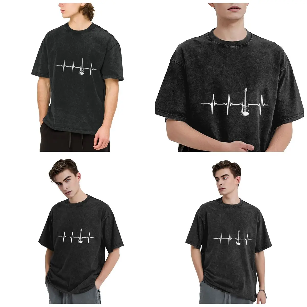 Electric Guitar Heartbeat Hip Hop Short Sleeve T-Shirts Washed Tops Tees Streetwear T Shirt Harajuku for Men Women