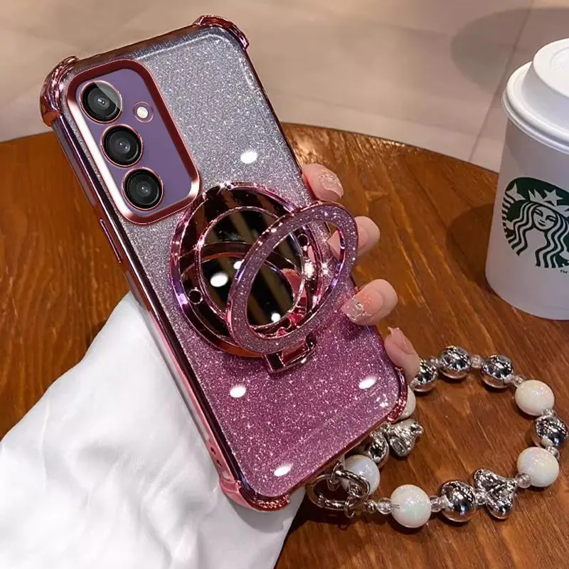 Luxury Plating Glitter Mirror Holder+Chain Phone Case For Samsung A17 A37 A57 A16 A36 A56 A15 A35 A55 A54 A14 A34 A24 Cover
