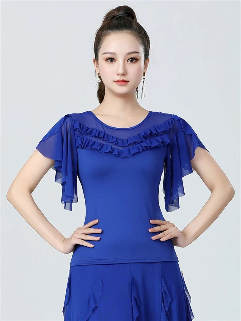 Women Latin Dance Top Tango Jazz Waltz Ballroom Dancing Shirt Short Sleeve Ruffles Dance Practice Performance Dance Costume