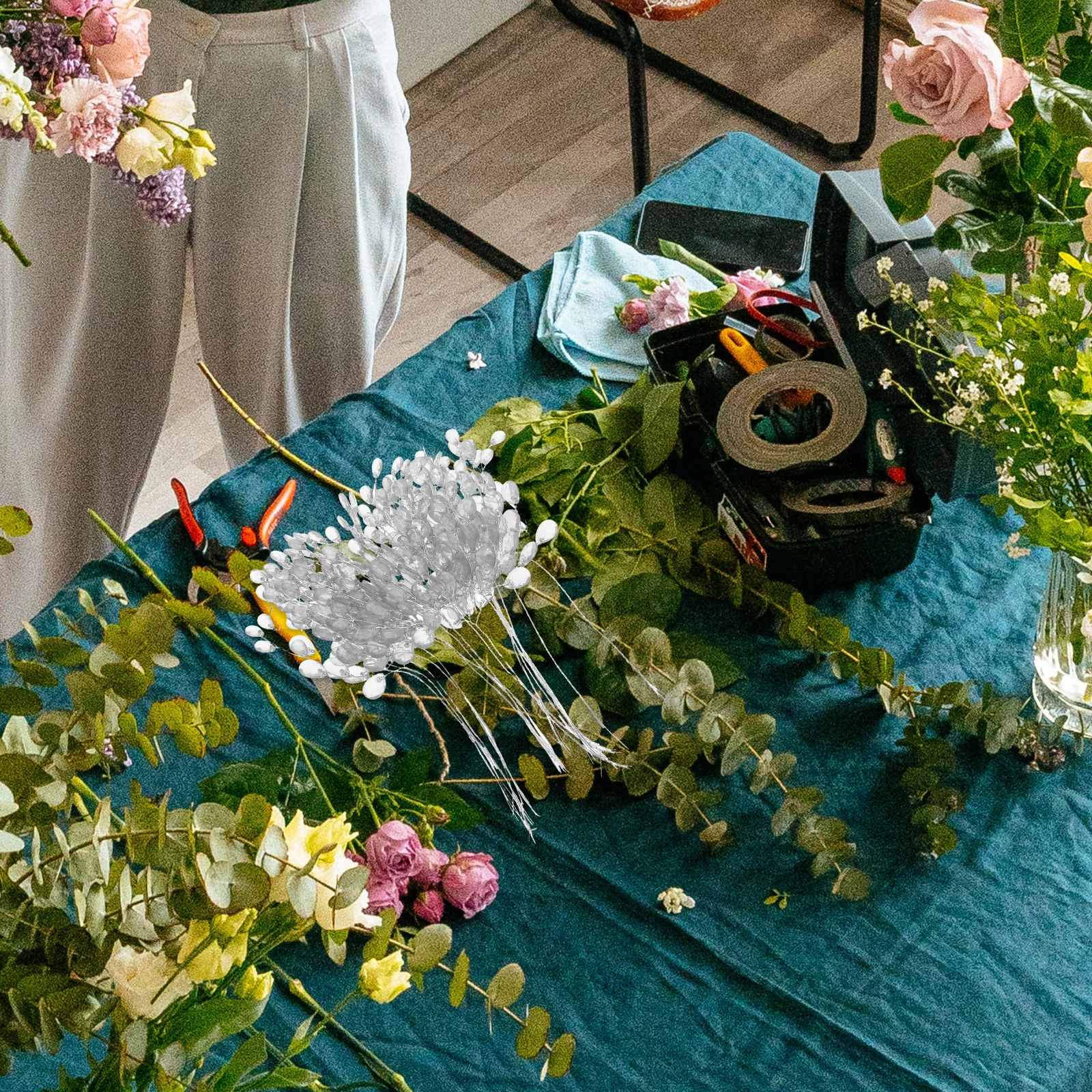 

50pcs Simulation Flower Stems White Translucent Acrylic Beads Diy Flower Wreath Realistic Floral Effect Home Wedding Party