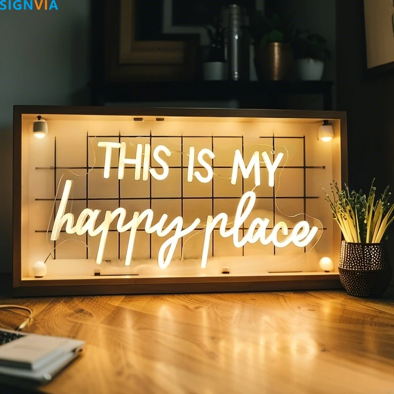 This Is My Happy Place Neon Sign USB Adjustable Brightness Reusable Party Lighting Wedding Bedroom Wall-Mounted Decor Neon Signs