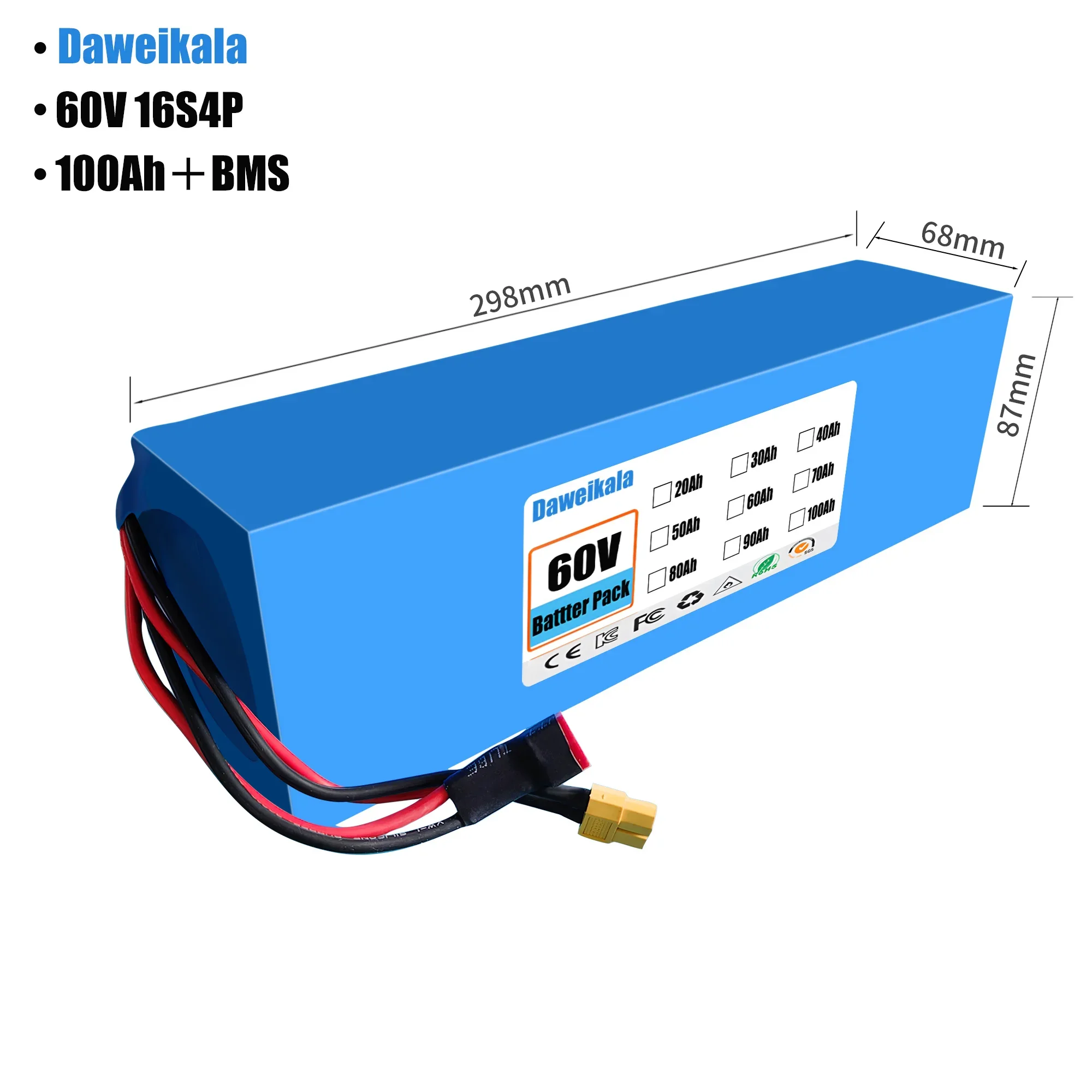 60V 100Ah 16s4p lithium-ion battery pack 60V 100000mAh 2000W electric battery, built-in 50A BMS+charger