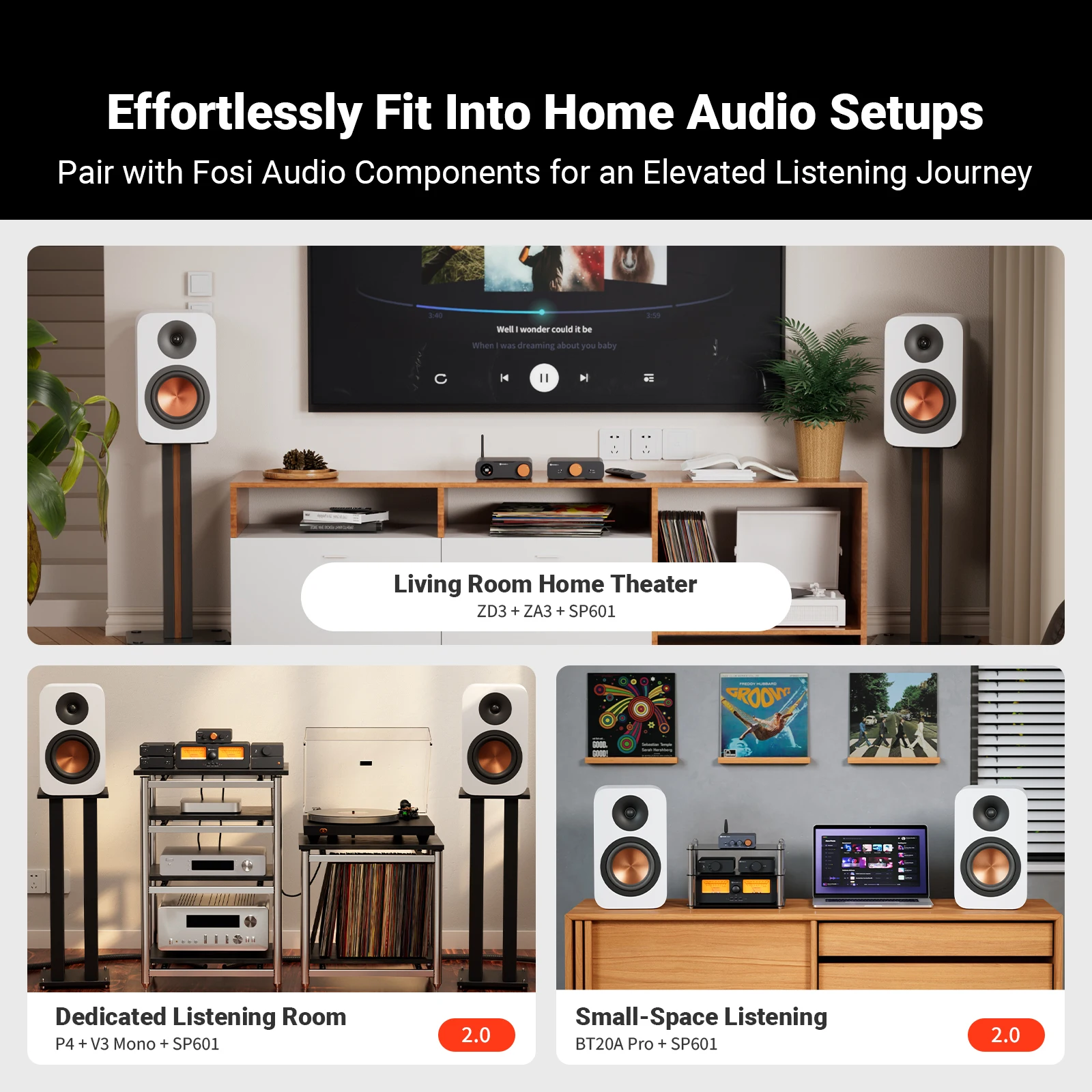 Fosi Audio SP601 6Ω 160W Altavoz de estantería Audio de alta fidelidad para cine en casa, computadora de escritorio