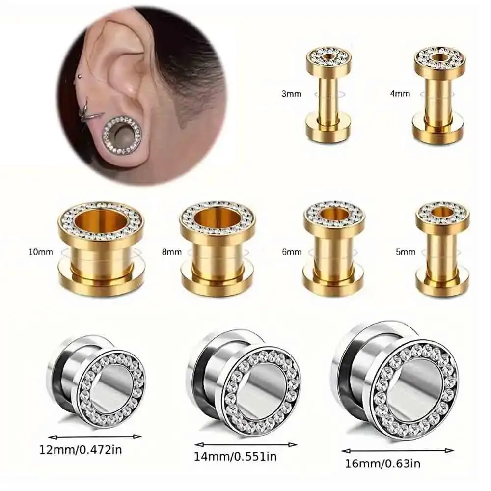 1Pair CZ Ear Tunnel Expander Stainless Steel Earrings Ear Stretcher Piercings Jewelry For Women Men Double Flared Screw Fit Ear