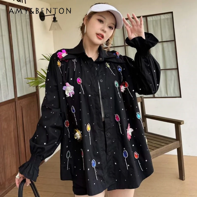 

American Style Designer New Heavy Industry Color Rhinestone Beaded Flower Casual Shirt Women's Loose Top Fashion Black Blouse