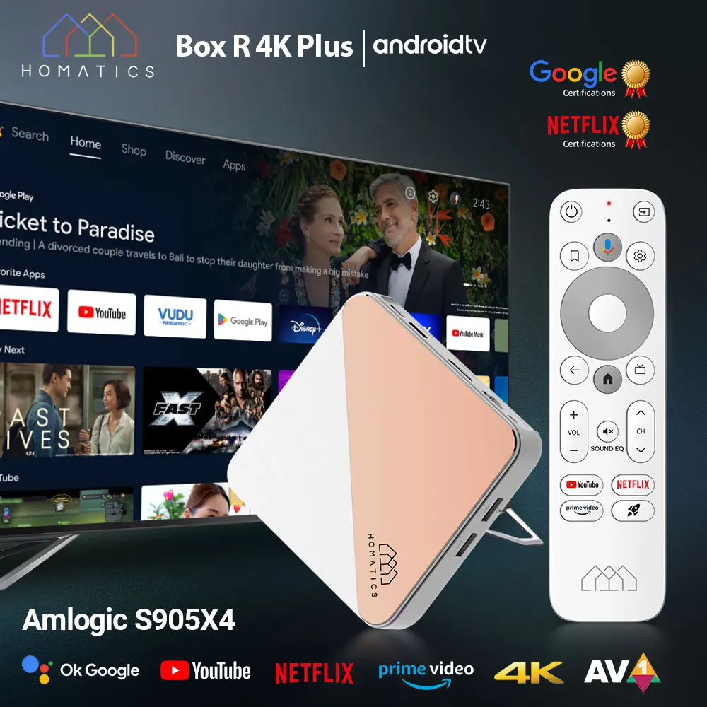 HOMATICS Box R 4K Plus TV Box AndroidTV 14 ATV Netflix Google معتمد Amlogic S905X4 DTS Audio Dolby Vision Atmos Wifi6 1000M