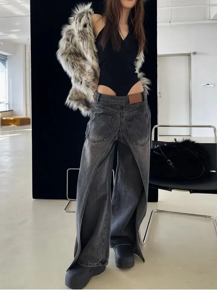 ZHISILAO Fake 2 Pics High Waist A-line Denim Jeans Women Patchwork Loose Baggy Streetwear Denim Pants Chic