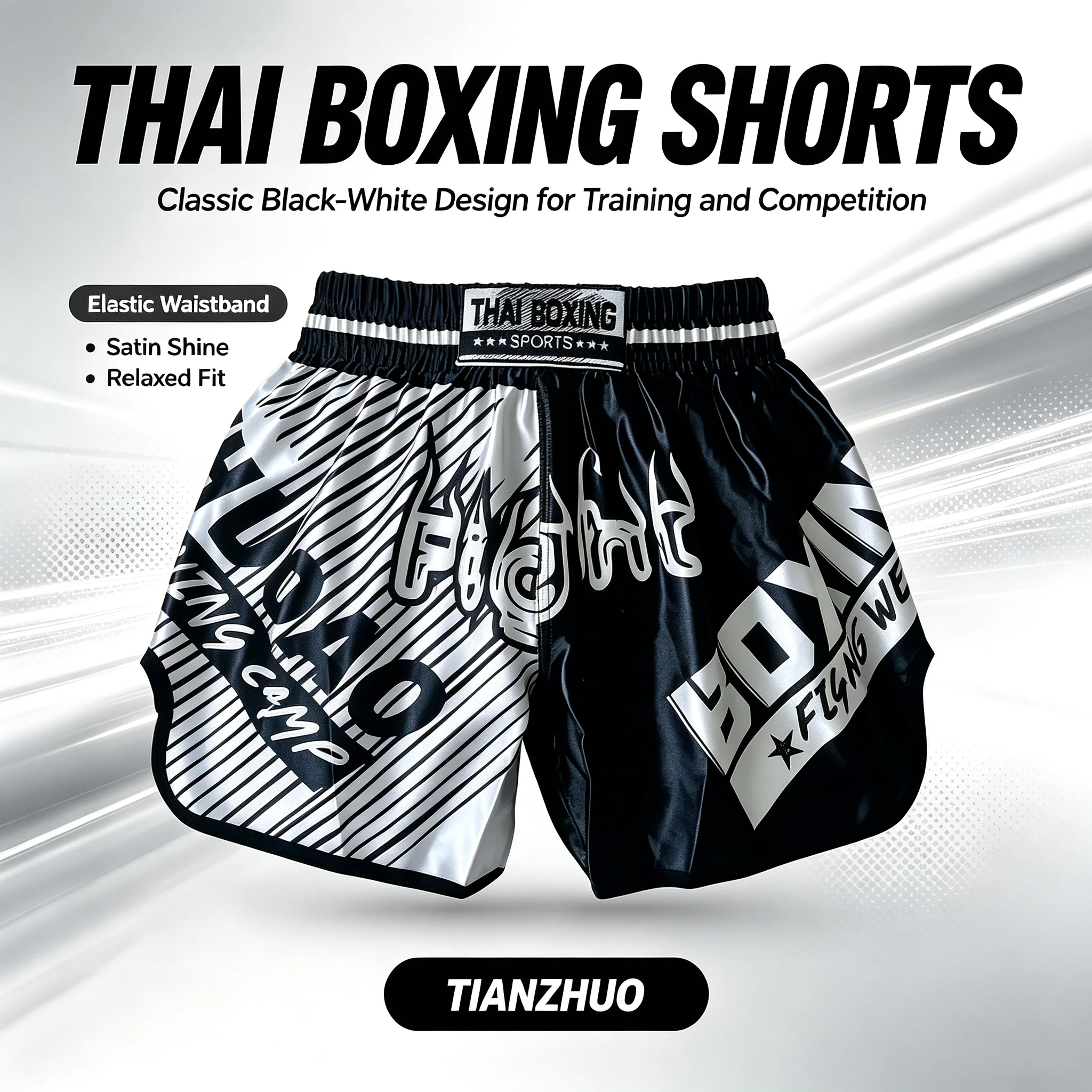 Gestreifte Boxshorts mit Buchstabendruck, Thai-Boxshorts aus Satin mit Stretchbund, atmungsaktive Kampfsportshorts für Männer, Frauen und Kinder
