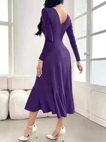 Solid Color Evening Dress, Round Neck, Long Sleeves, Fishtail Skirt, Slim Fit, Elegant Mid-Length Dress