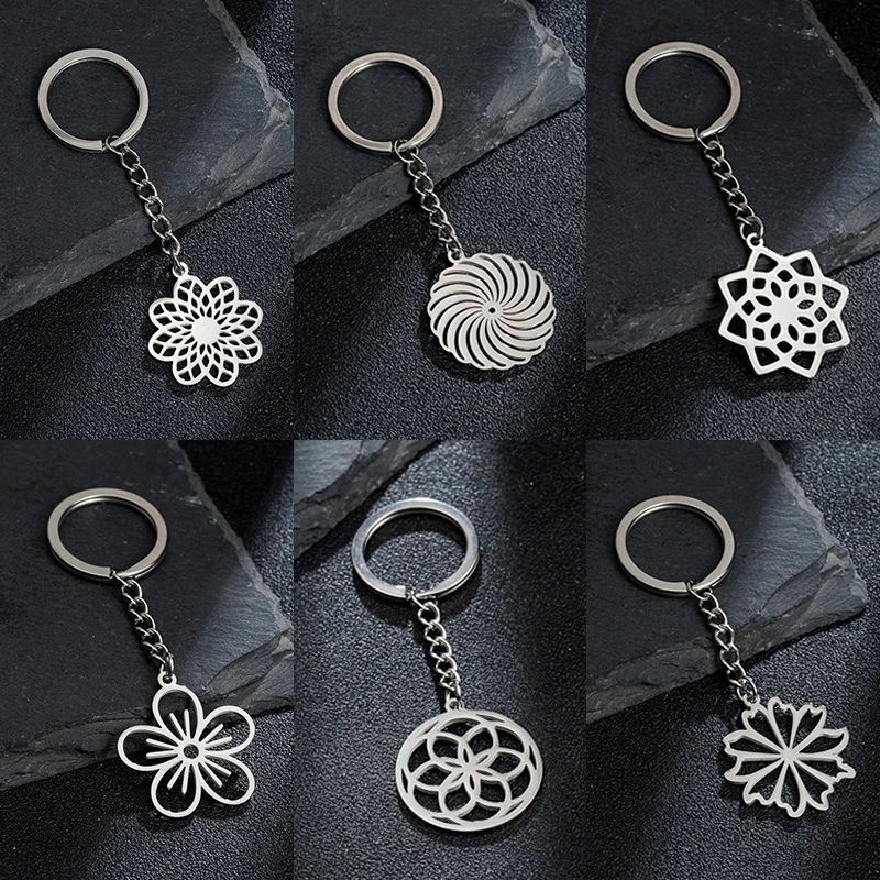 Stainless Steel Mandala Keychains Women Indian Buddha Meditation Yoga Flower Of Life Datura Pendant Keyring Key Ring Holder Gift