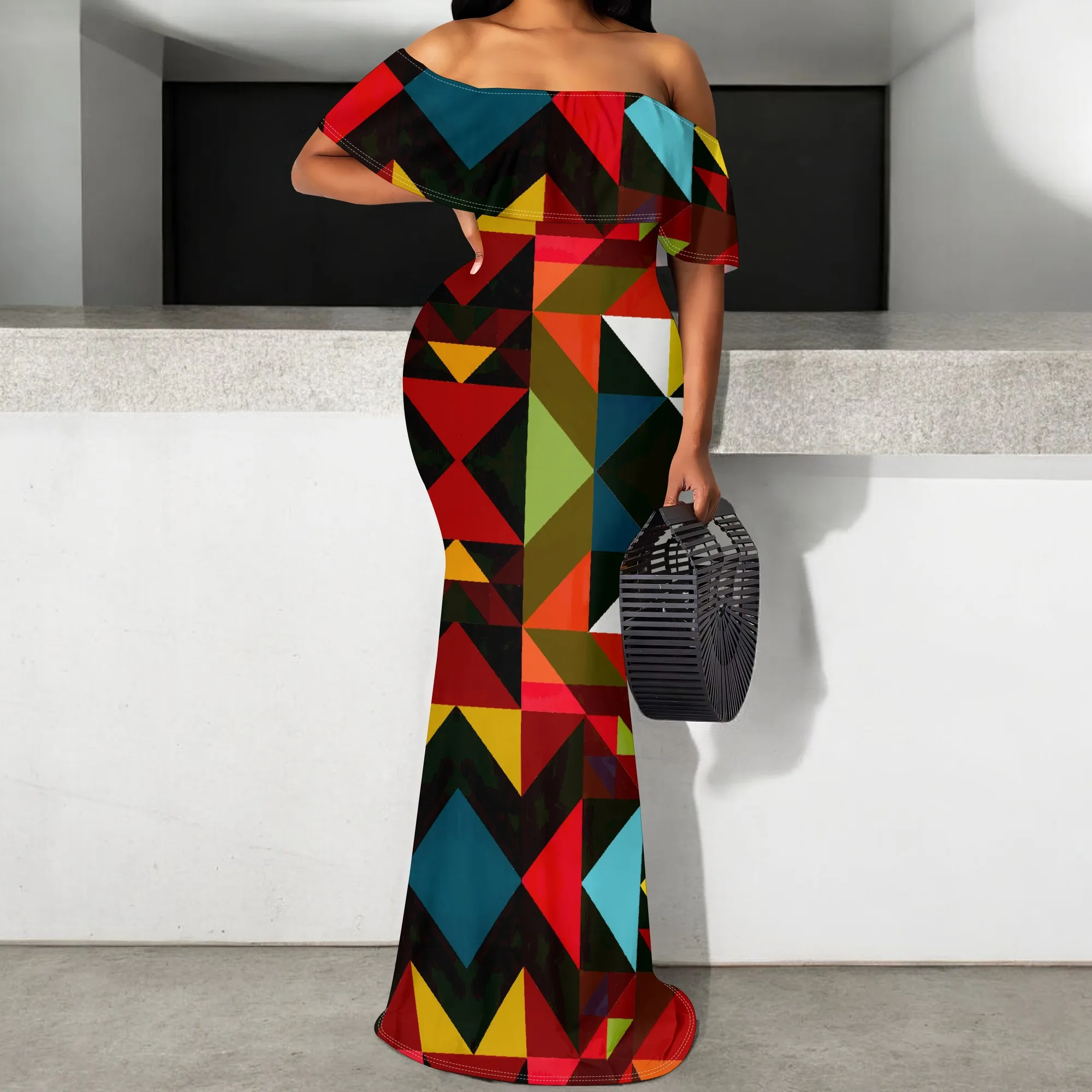 

Geometric Print Off-Shoulder Maxi Dress S-3XL with Ruffle Hem for Casual Chic, Day Out, or Weekend Getaway 2025