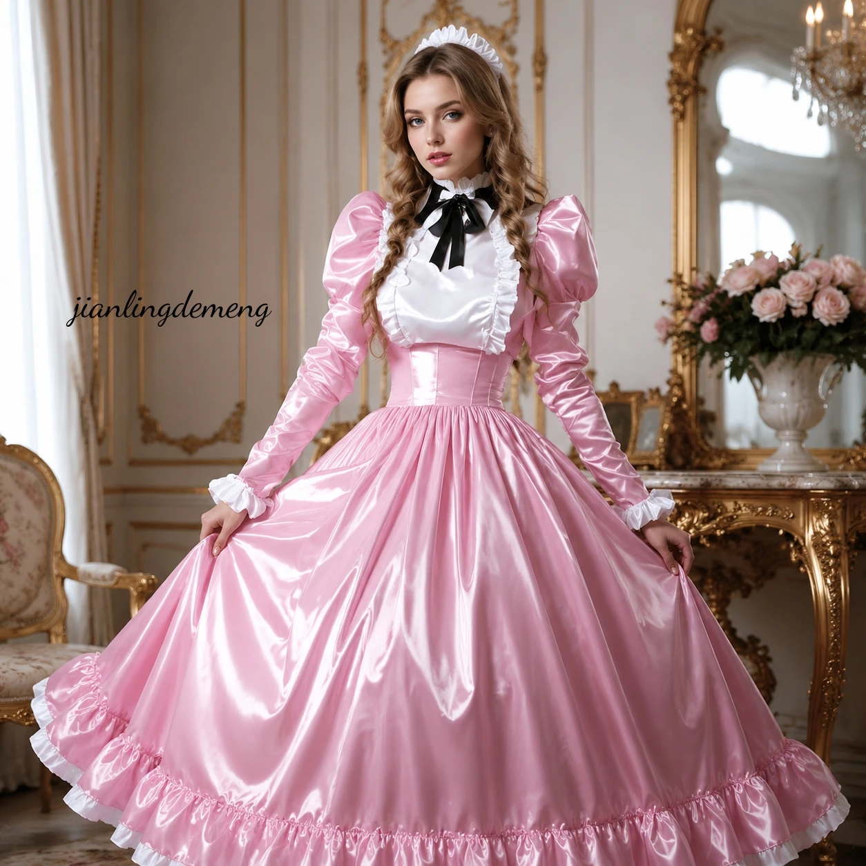 Glänzendes Rosa Satin-Ballkleid im Viktorianischen Stil mit Puffärmeln, Rüschenmanschetten, Quadratischem Rüschenkragen und Mehrstufigen Rüschen, Maßgeschneidertes Maxi-Abendkleid