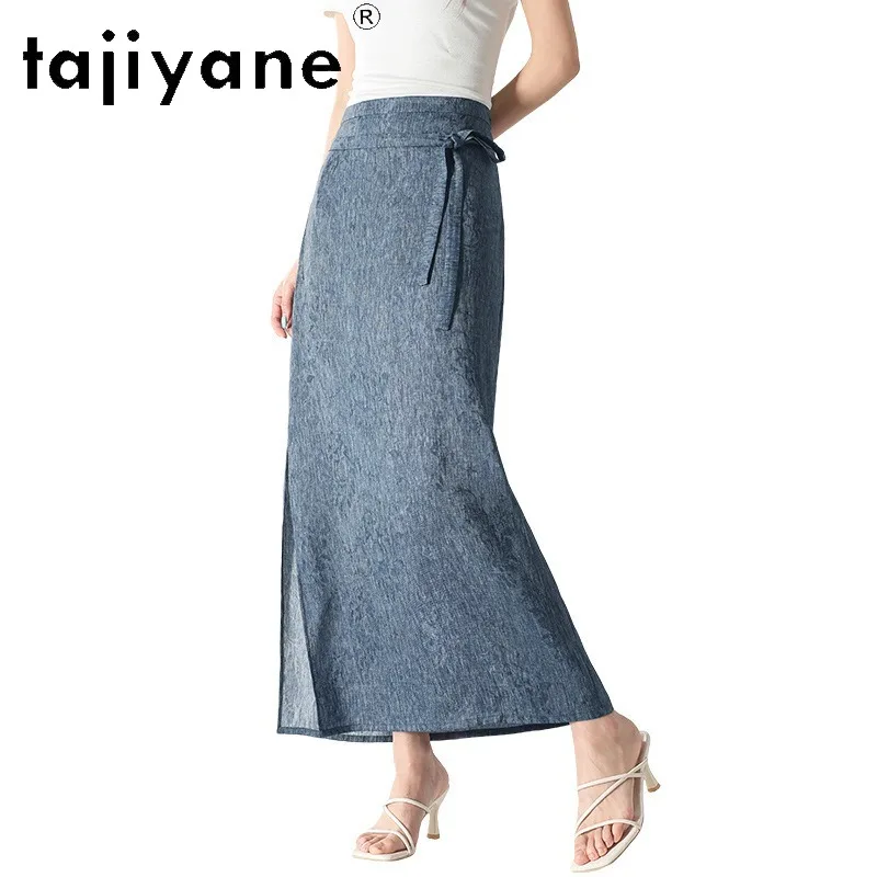 TAJIYANE High-end Skirt Silk Linen Blend Women's Skirts New Summer Straight Skirts 2026 Woman Clothes Denim Printed Юбка Женская