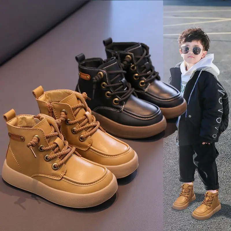 Boys British Style Winter Ankle Boots 2026 Warm Fleece Lined Thick Kids Leather Shoes for Autumn Cold Weather
