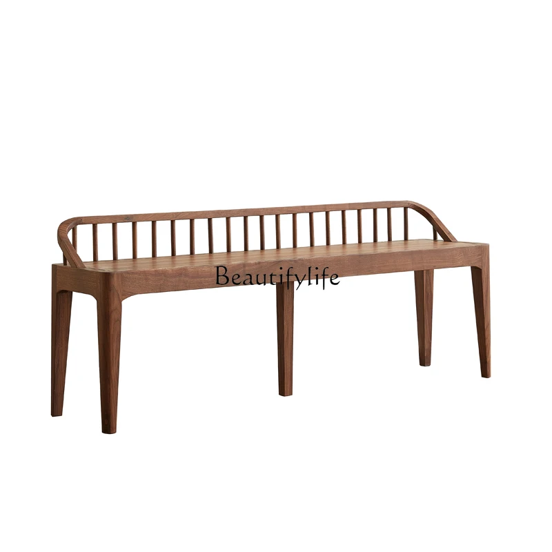 Modern Minimalist Log Nordic Shoes Black Walnut Solid Wood Bench with Backrest Hallway Stool