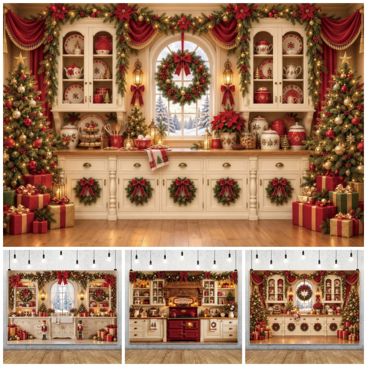 Yeele Santa's Kitchen Christmas Photography Backdrop Vintage Wooden Kitchen Red Bow Kids Family Portrait Decor Backdrop Studio
