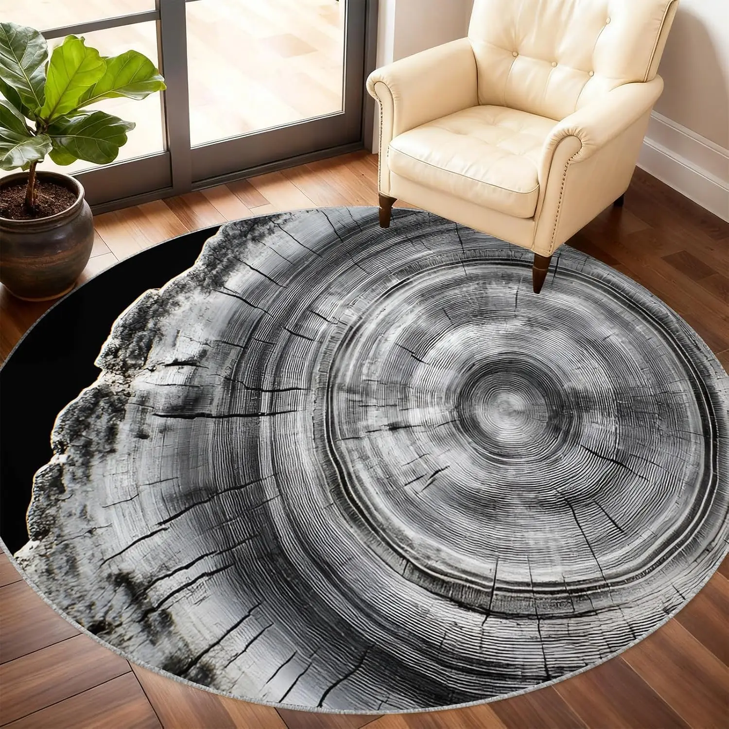 Rustic Circular Wood Slice Cross Section Rug Polyester Boho Modern Area Floor Decor for Living Room Bedroom Entrance Mat