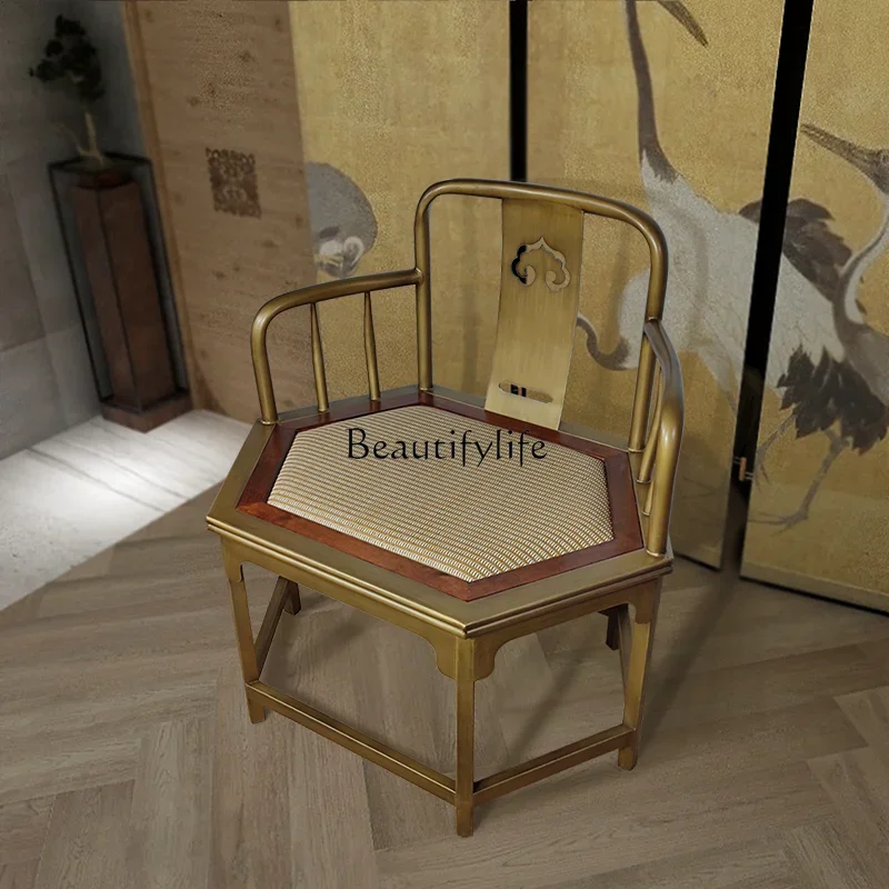 ls51New Chinese Taishi Chair Antique Metal Light Luxury Hexagonal Gold Arm Chair